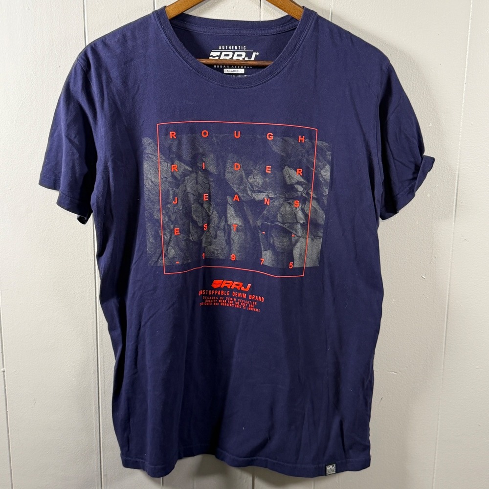 RRJ Rough Rider Jeans Mens XL Navy Blue Graphic T-Shirt Urban Apparel EST 1975